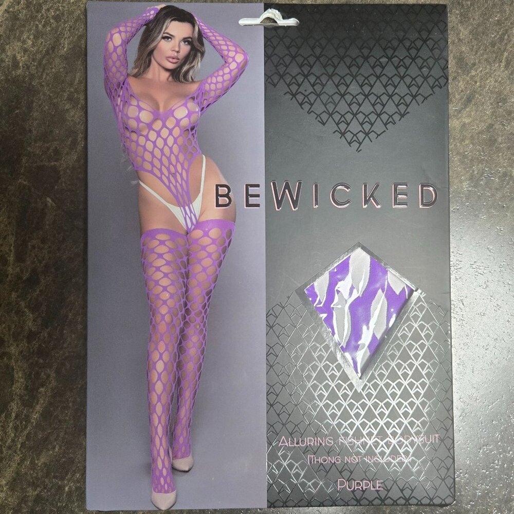 Be Wicked Alluring Fishnet Bodysuit - Purple - NIB